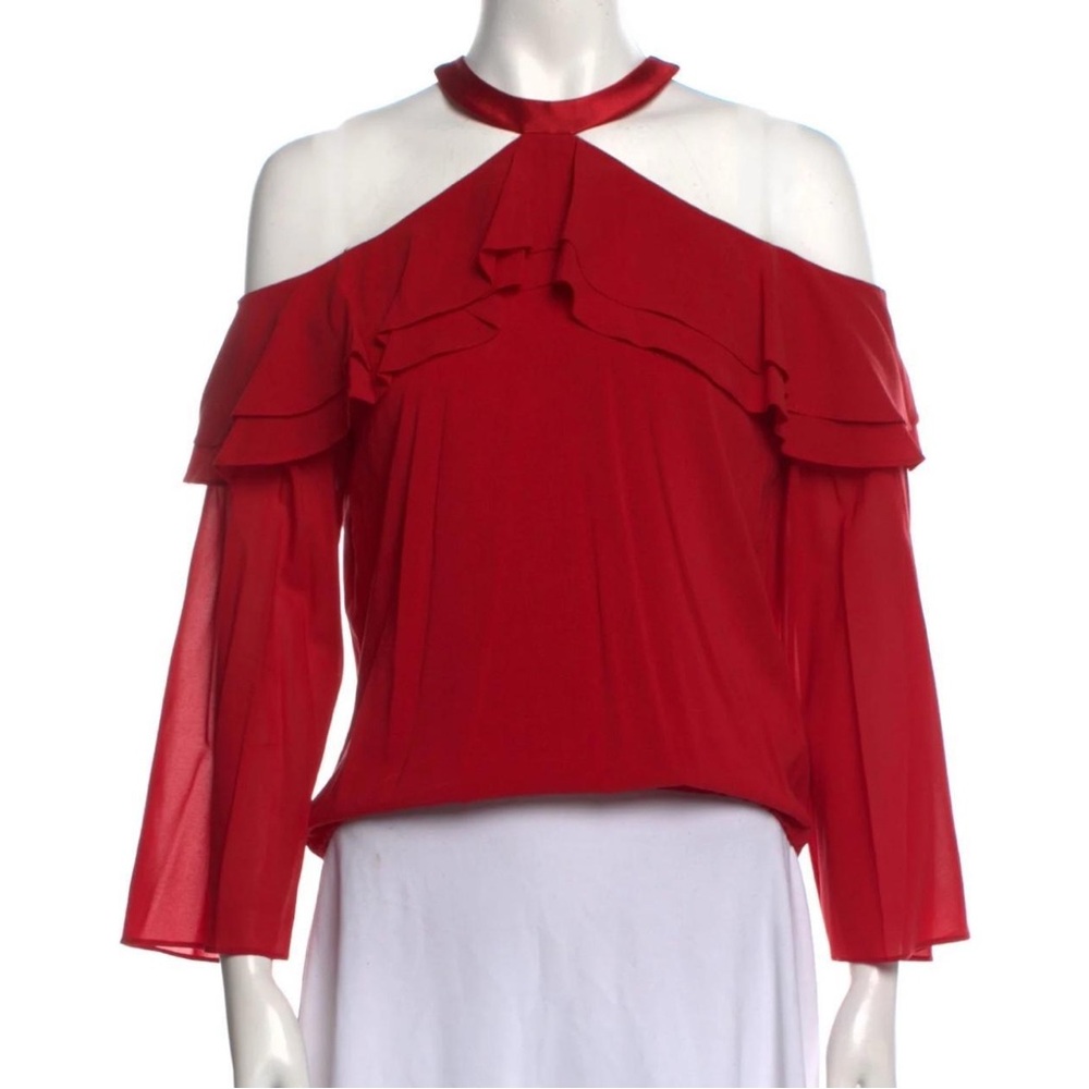 Alice + Olivia Red Cold Shoulder Ruffle Blouse